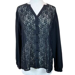 Chicos Long Sleeve V-Neck Black Lace Button-Front Blouse L